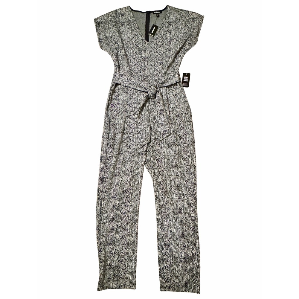 Express Womens Herringbone V-Neck Short Sleeve Tie-Waist Jumpsuit Black White M